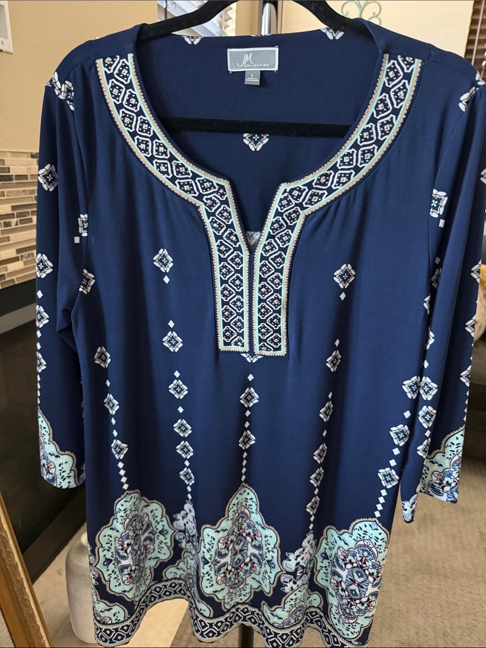 JM Collection Navy Embroidered-Trim V-Neck Tunic with Aqua Accents